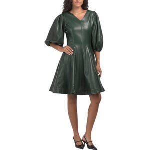 IVY CITY CO Short Sleeve Faux Leather Mini Dress - Green